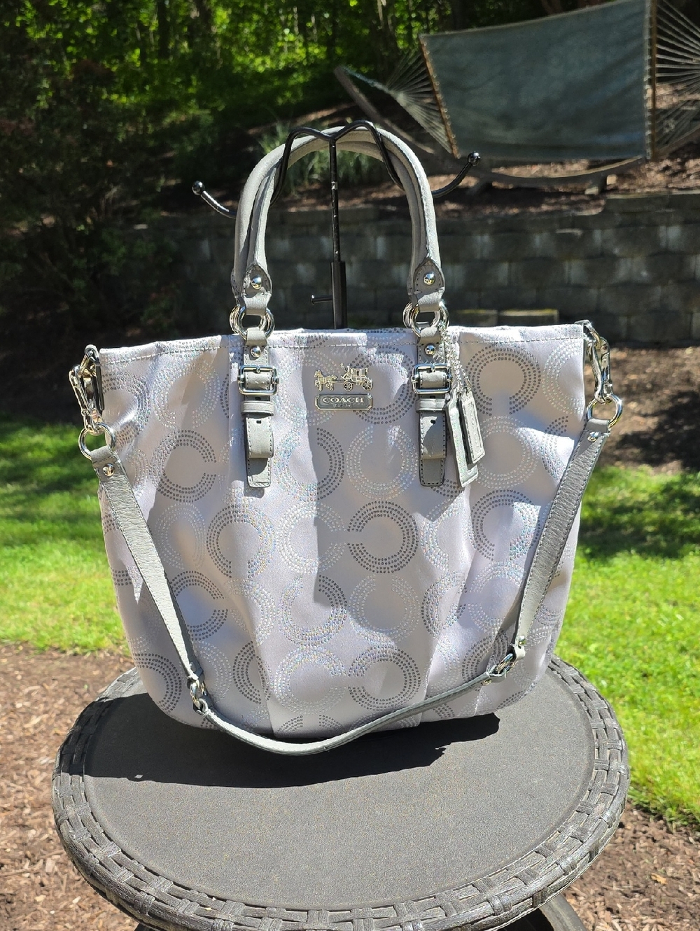 Coach Madison Op Art Emma satchel in metallic gray nylon